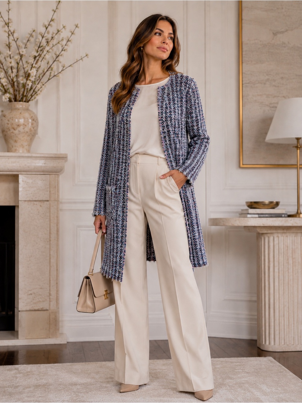 Marc Cain blue boucle cardigan jacket long line Womens Medium tweed Old Money